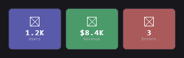Three evenly-flexed stat cards showing users, revenue and errors.