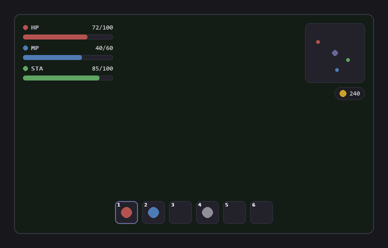 An in-game HUD overlay built with Tessella, showing health/mana/stamina bars, a minimap and a hotbar.