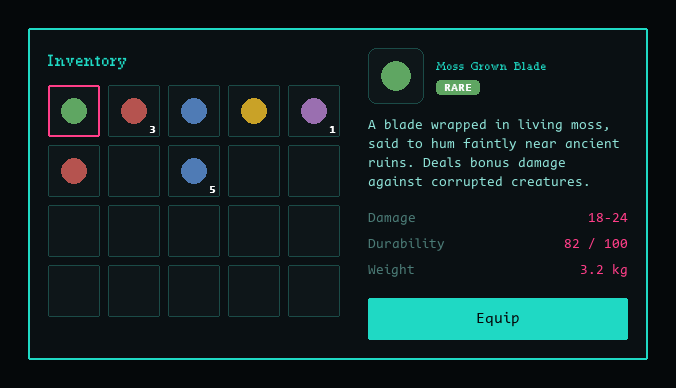 The same inventory panel styled as a neon sci-fi terminal, with a monospace title and cyan/magenta colors on black.