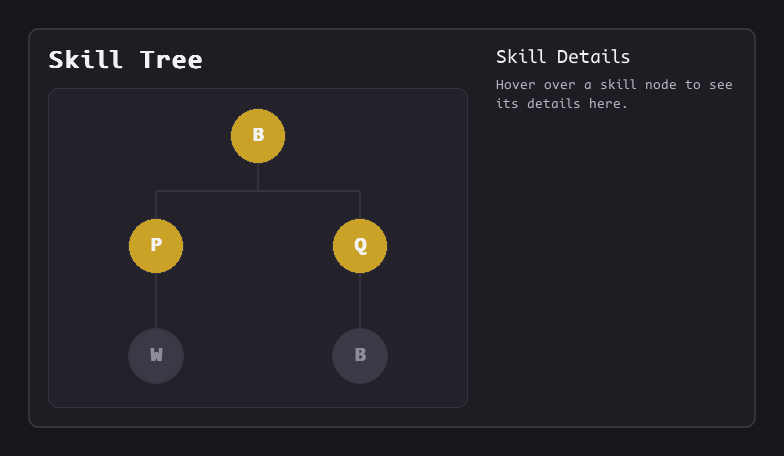 A skill tree built with Tessella, showing connected nodes and a hover-driven details panel.